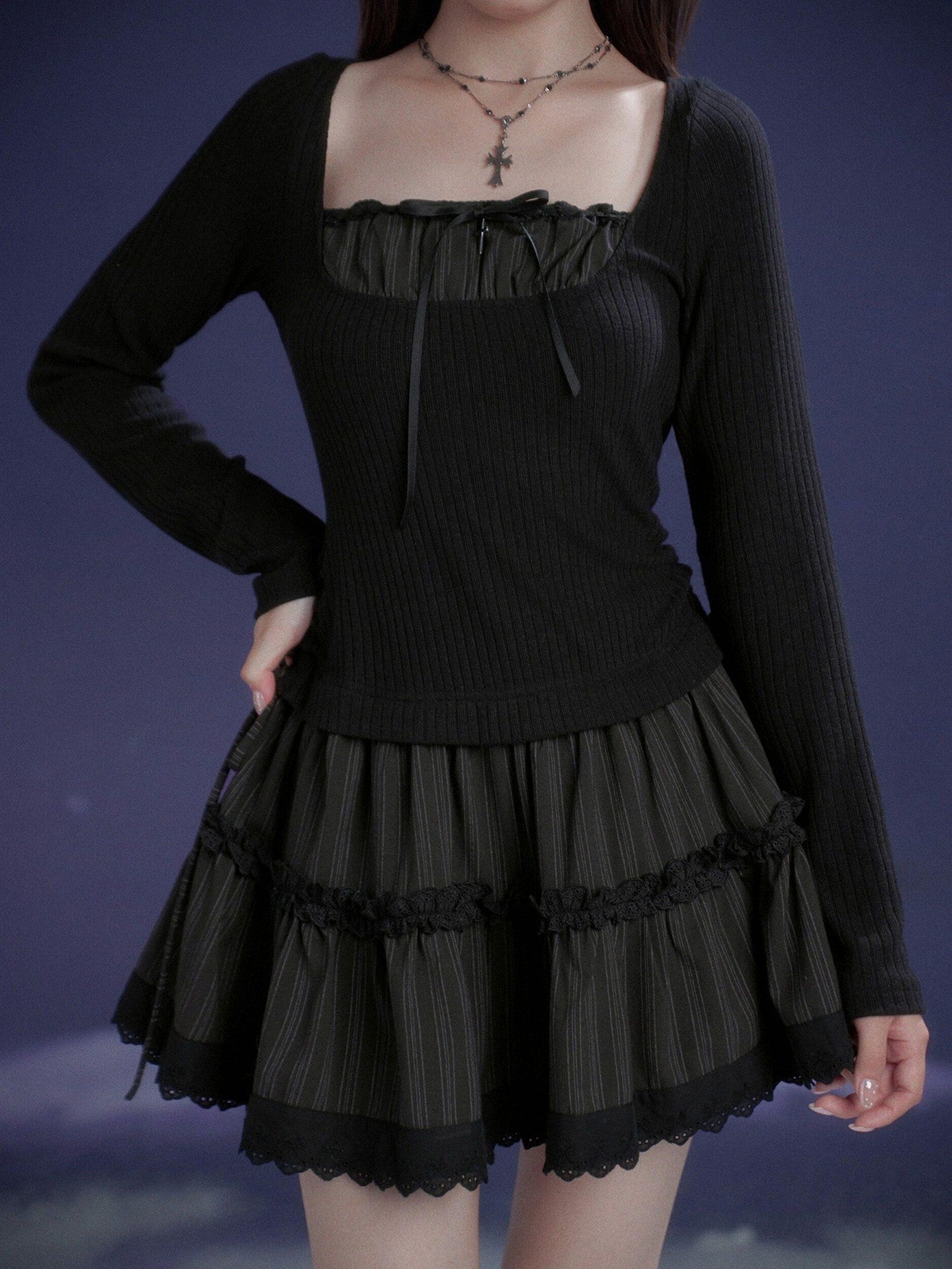 SagiDolls Black Ribbon Square Neck Waist Cinched Women's Stretch Knit Corset Mini Dresses