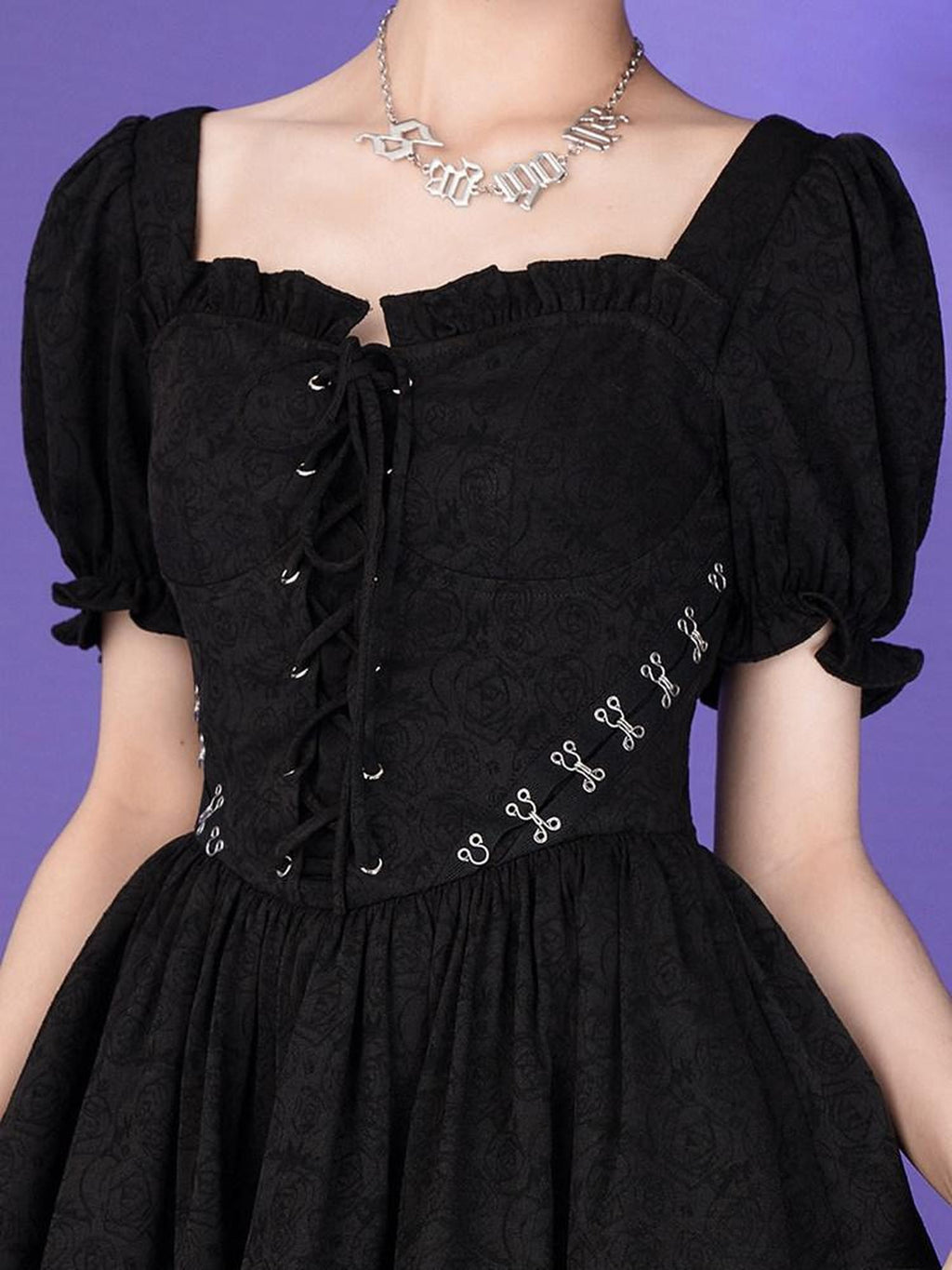 SagiDolls Black Rose Puff Sleeve Sweet High Waist Pleated Women's Corset Mini Dresses