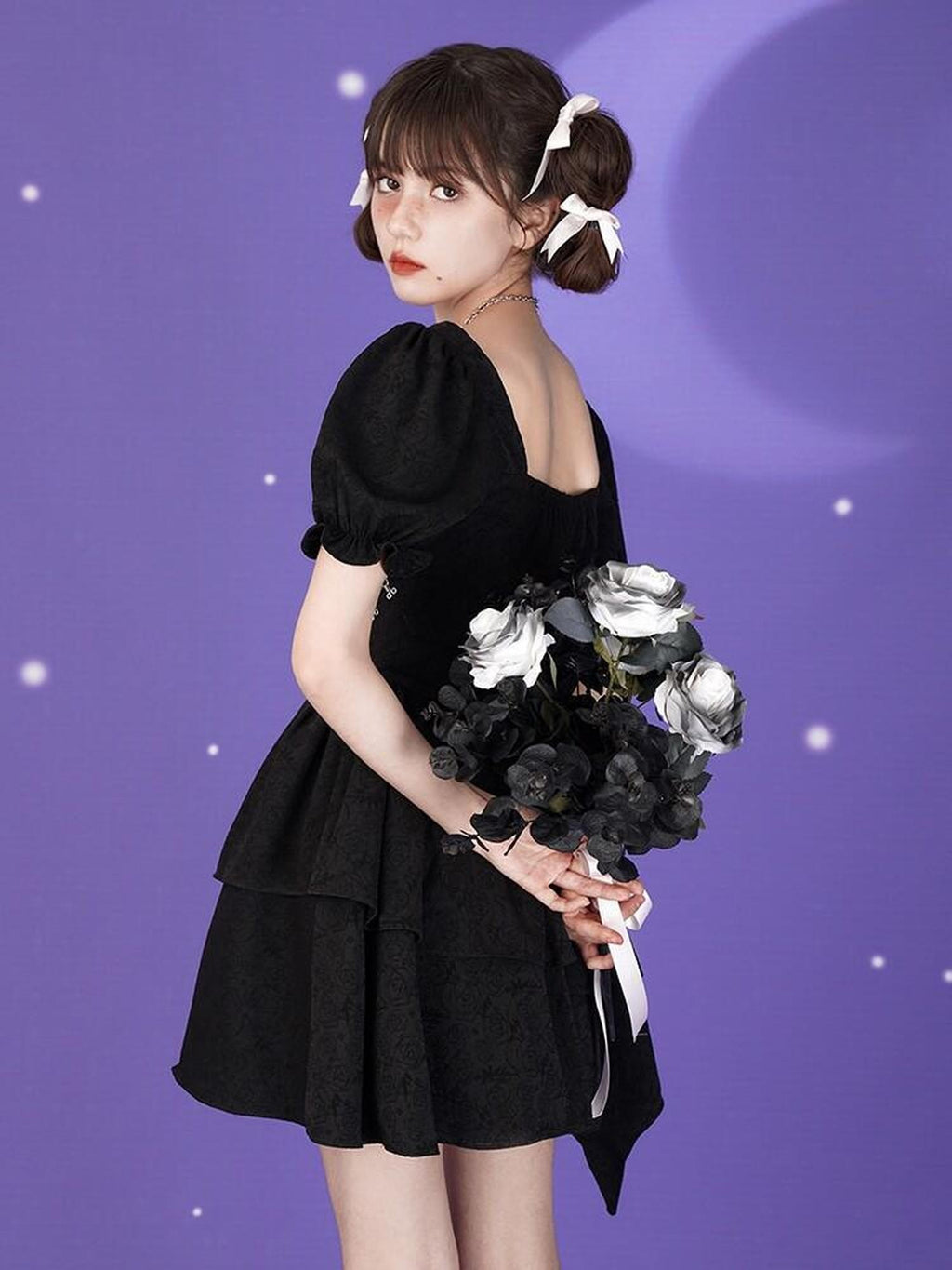 SagiDolls Black Rose Puff Sleeve Sweet High Waist Pleated Women's Corset Mini Dresses