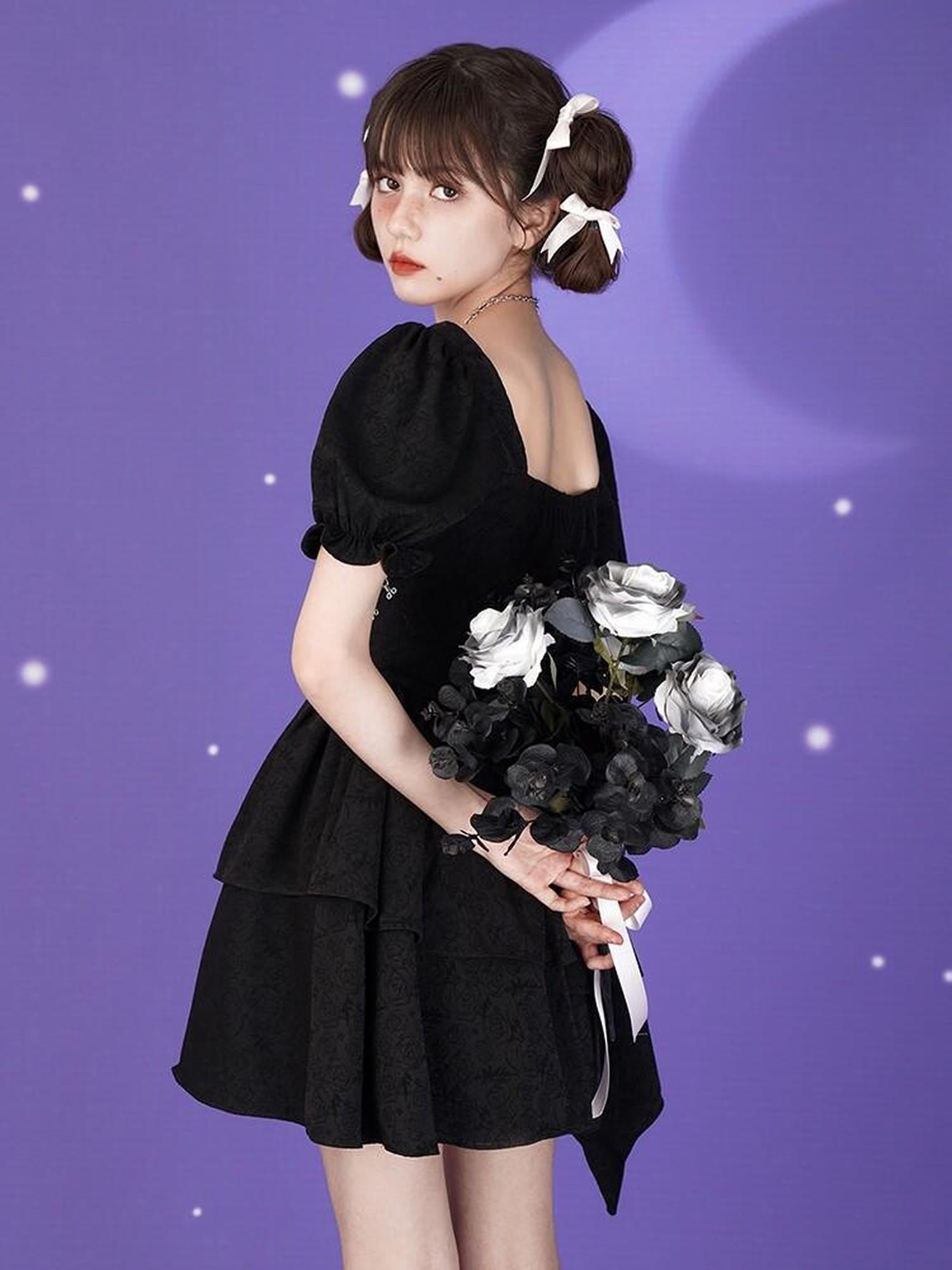 SagiDolls Black Rose Puff Sleeve Sweet High Waist Pleated Women's Corset Mini Dresses