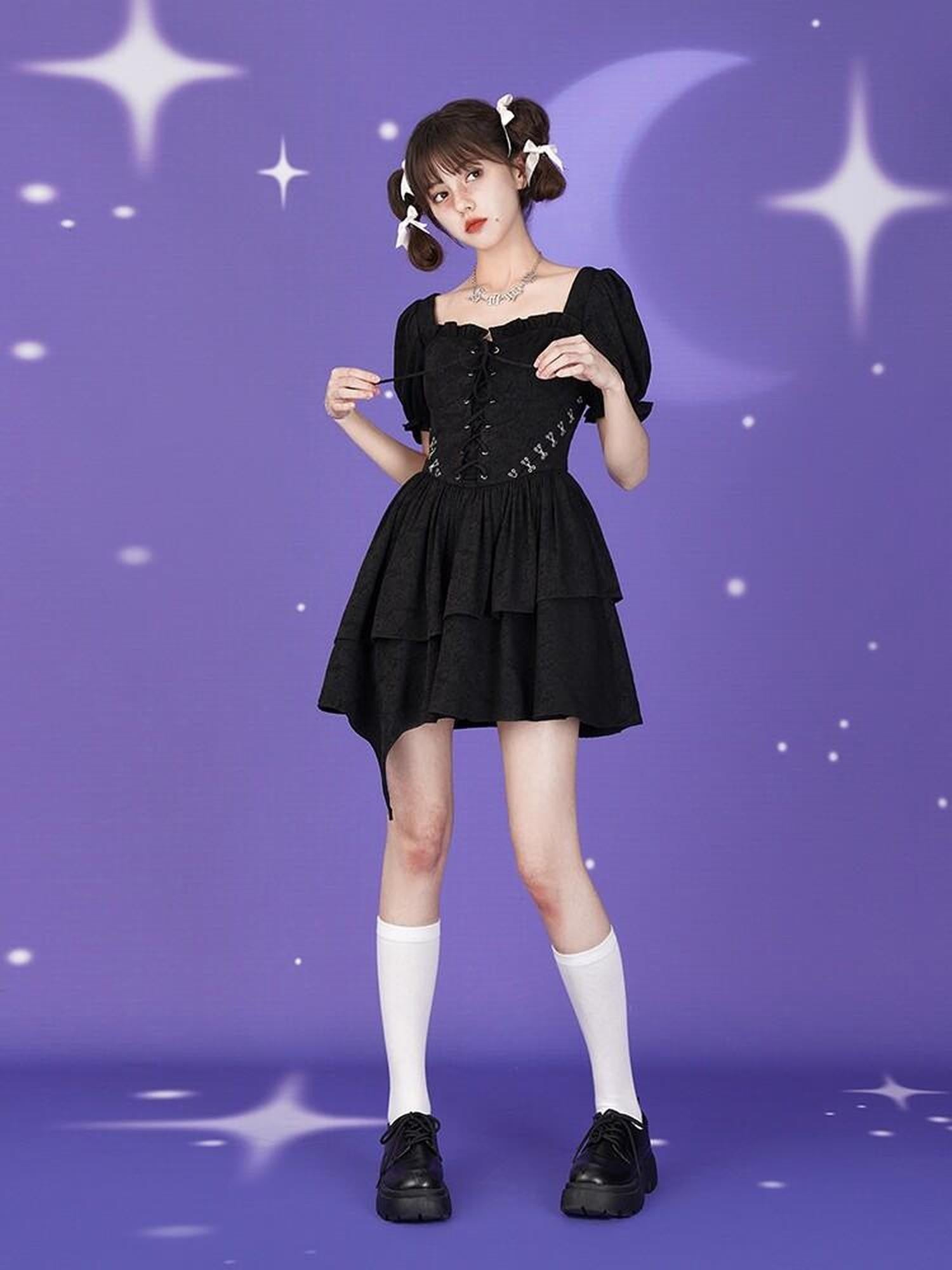 SagiDolls Black Rose Puff Sleeve Sweet High Waist Pleated Women's Corset Mini Dresses