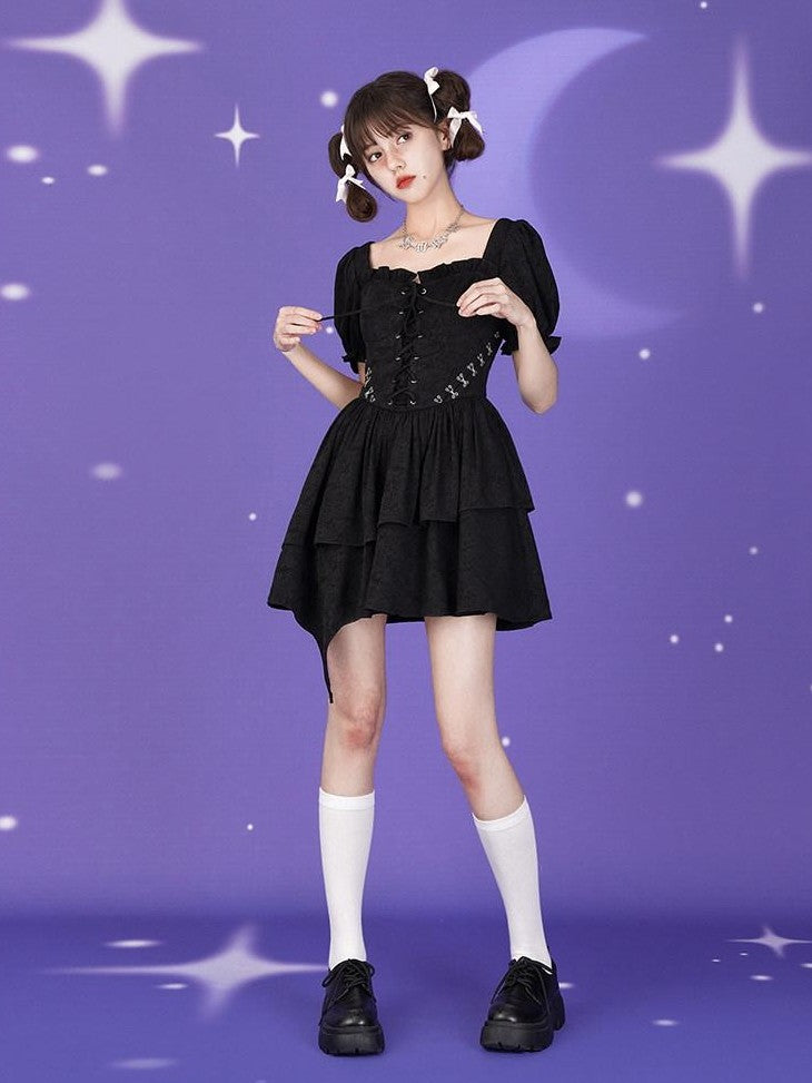SagiDolls Black Rose Puff Sleeve Sweet High Waist Pleated Women's Corset Mini Dresses