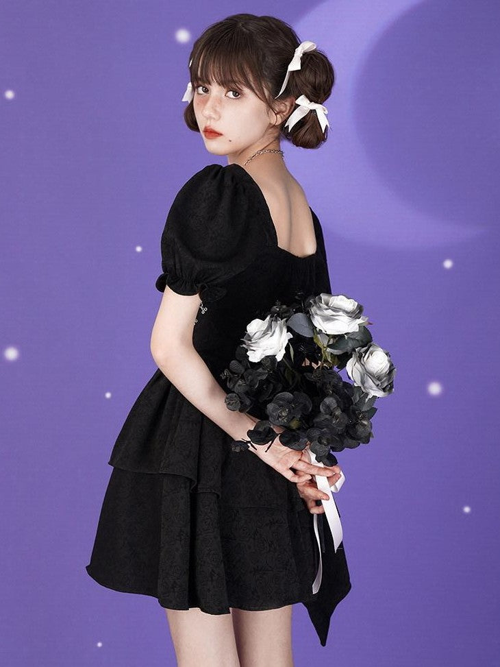SagiDolls Black Rose Puff Sleeve Sweet High Waist Pleated Women's Corset Mini Dresses