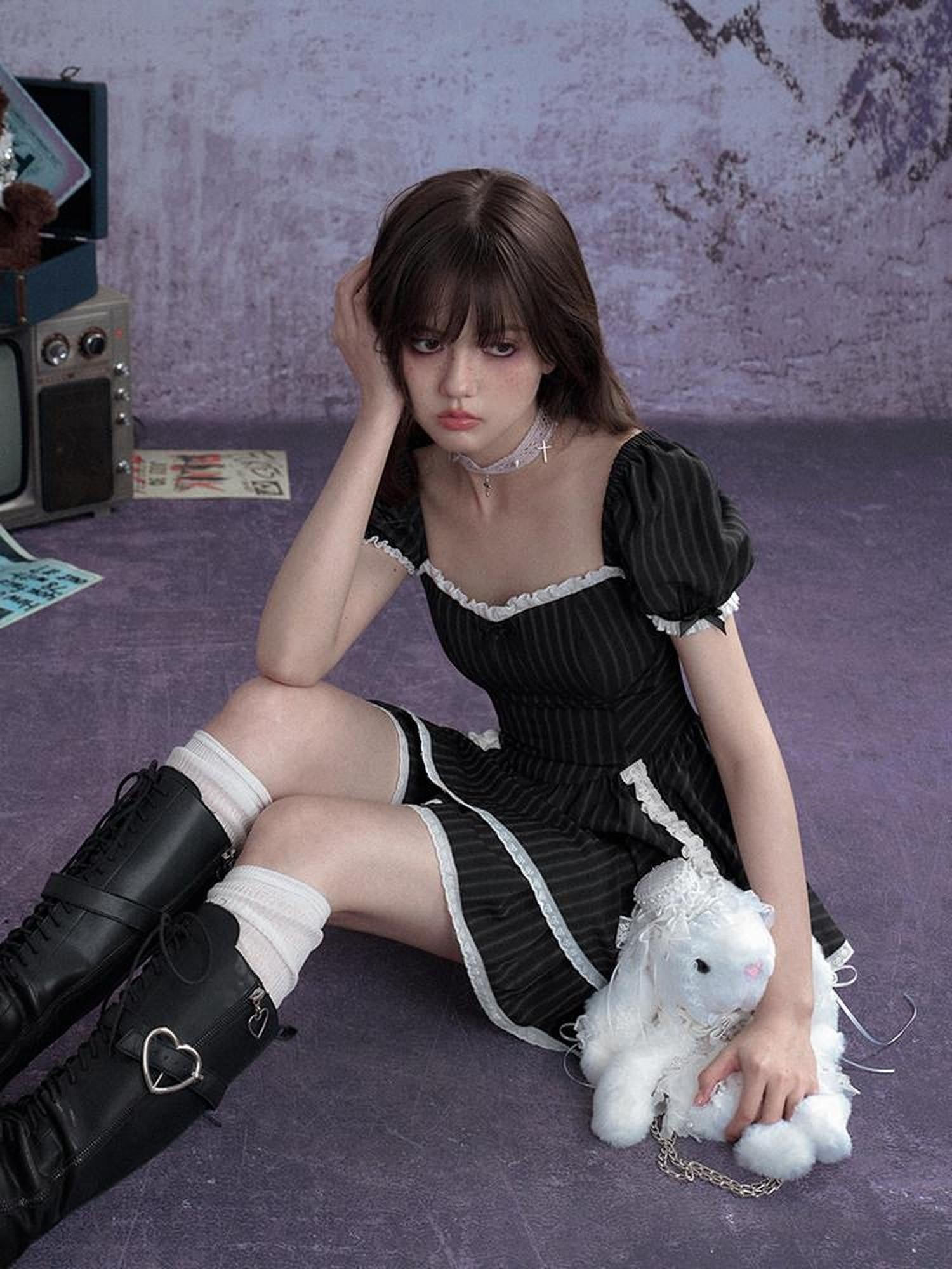 SagiDolls Black Striped Lace Puff Sleeve Square Neck Women's Polyester Corset Mini Dresses