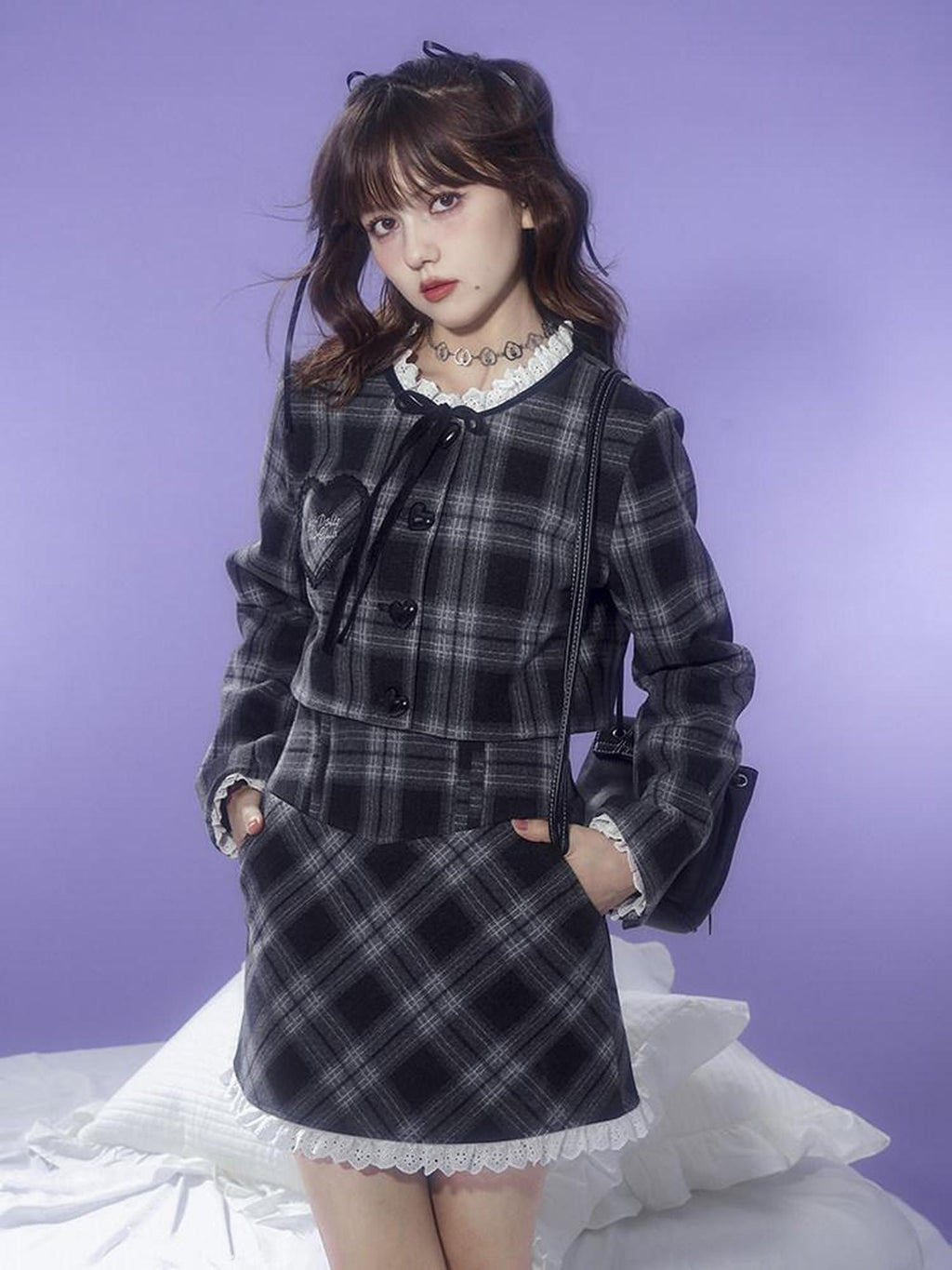 SagiDolls Black White Check Tweed Inspired Warm Lined Women's Poly Matching Skirt Sets