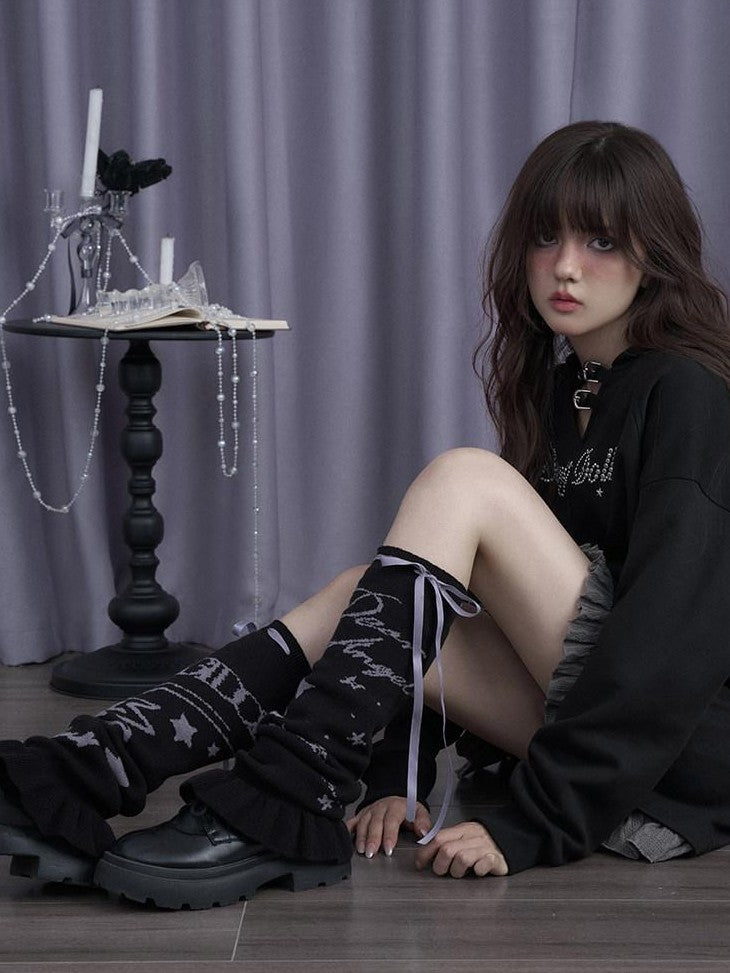 SagiDolls Black White Graffiti Jacquard Knit Women's Synthetic Blend Leg Warmers