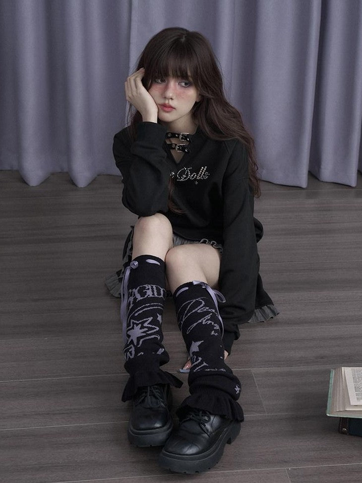 SagiDolls Black White Graffiti Jacquard Knit Women's Synthetic Blend Leg Warmers