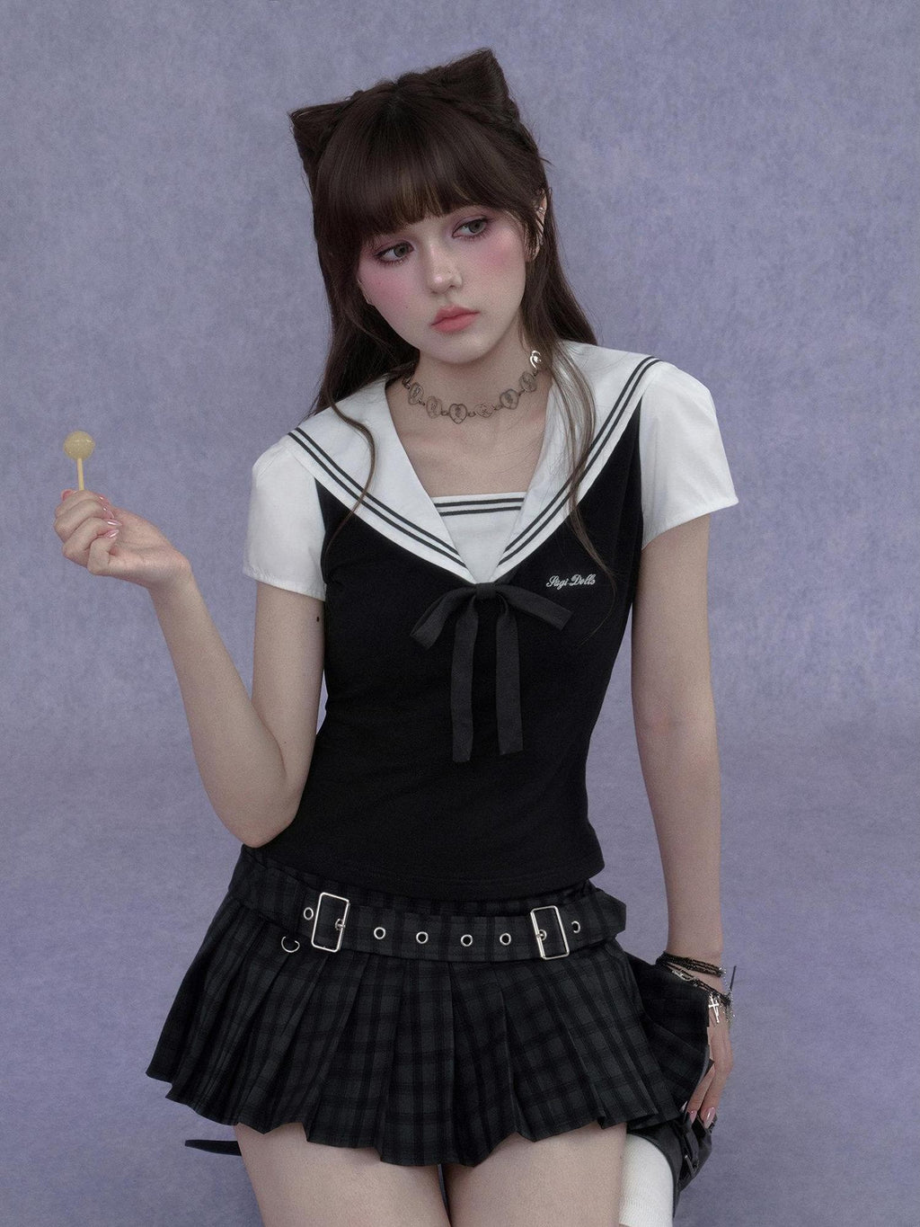 SagiDolls Black White Sailor Collar Embroidered Women's Cotton Short Sleeve T-shirts