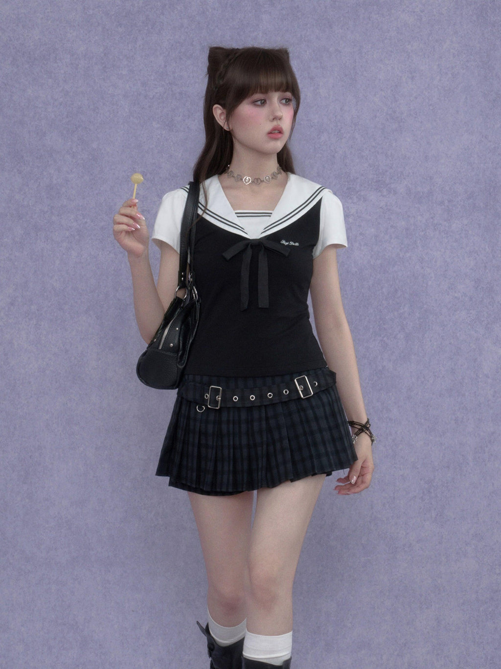 SagiDolls Black White Sailor Collar Embroidered Women's Cotton Short Sleeve T-shirts