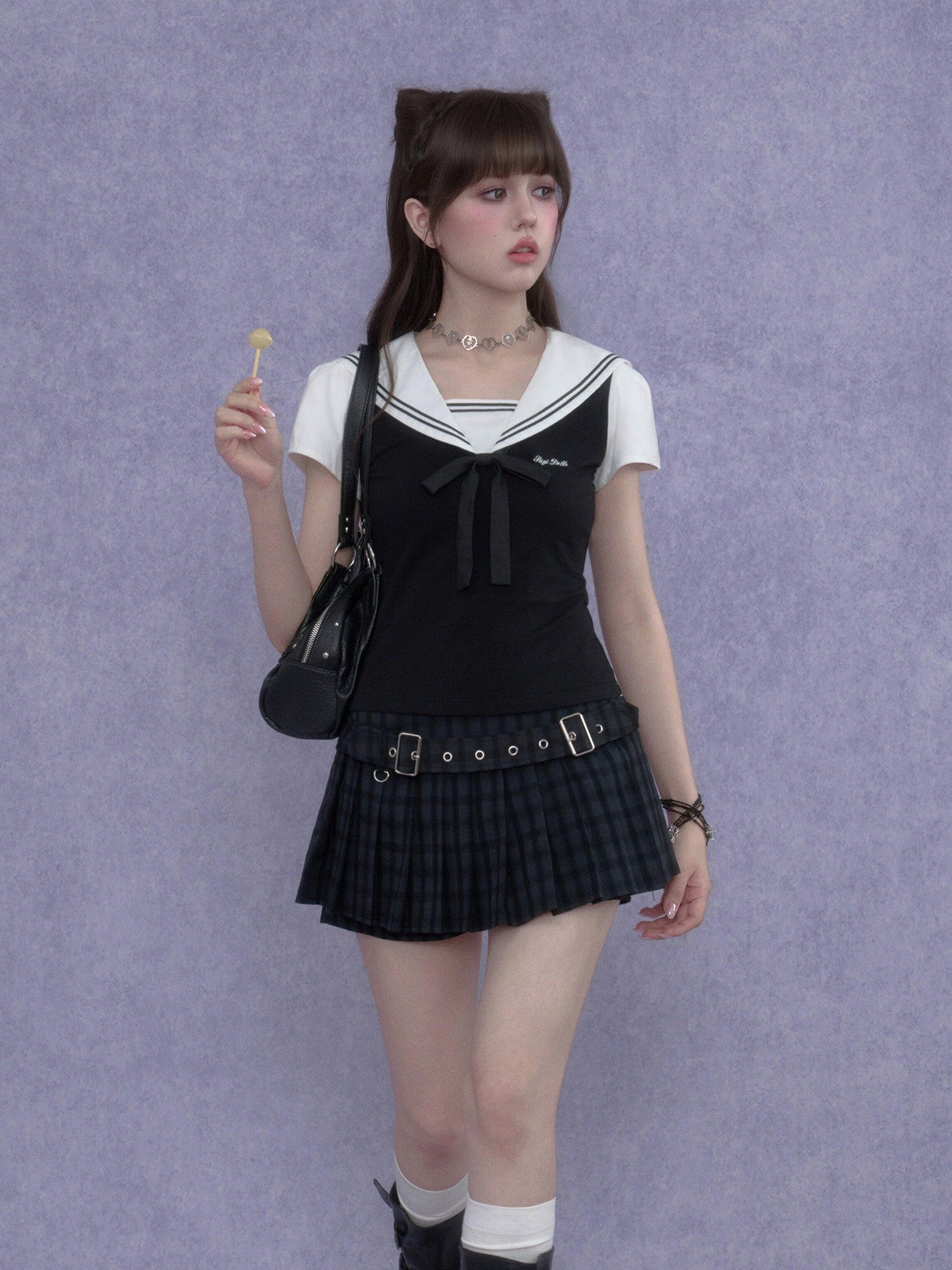 SagiDolls Black White Sailor Collar Embroidered Women's Cotton Short Sleeve T-shirts