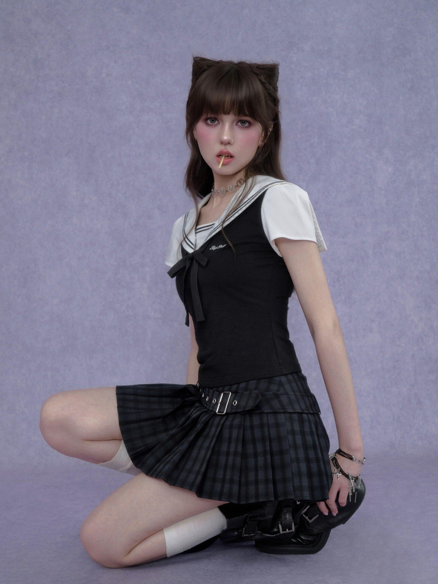 SagiDolls Black White Sailor Collar Embroidered Women's Cotton Short Sleeve T-shirts