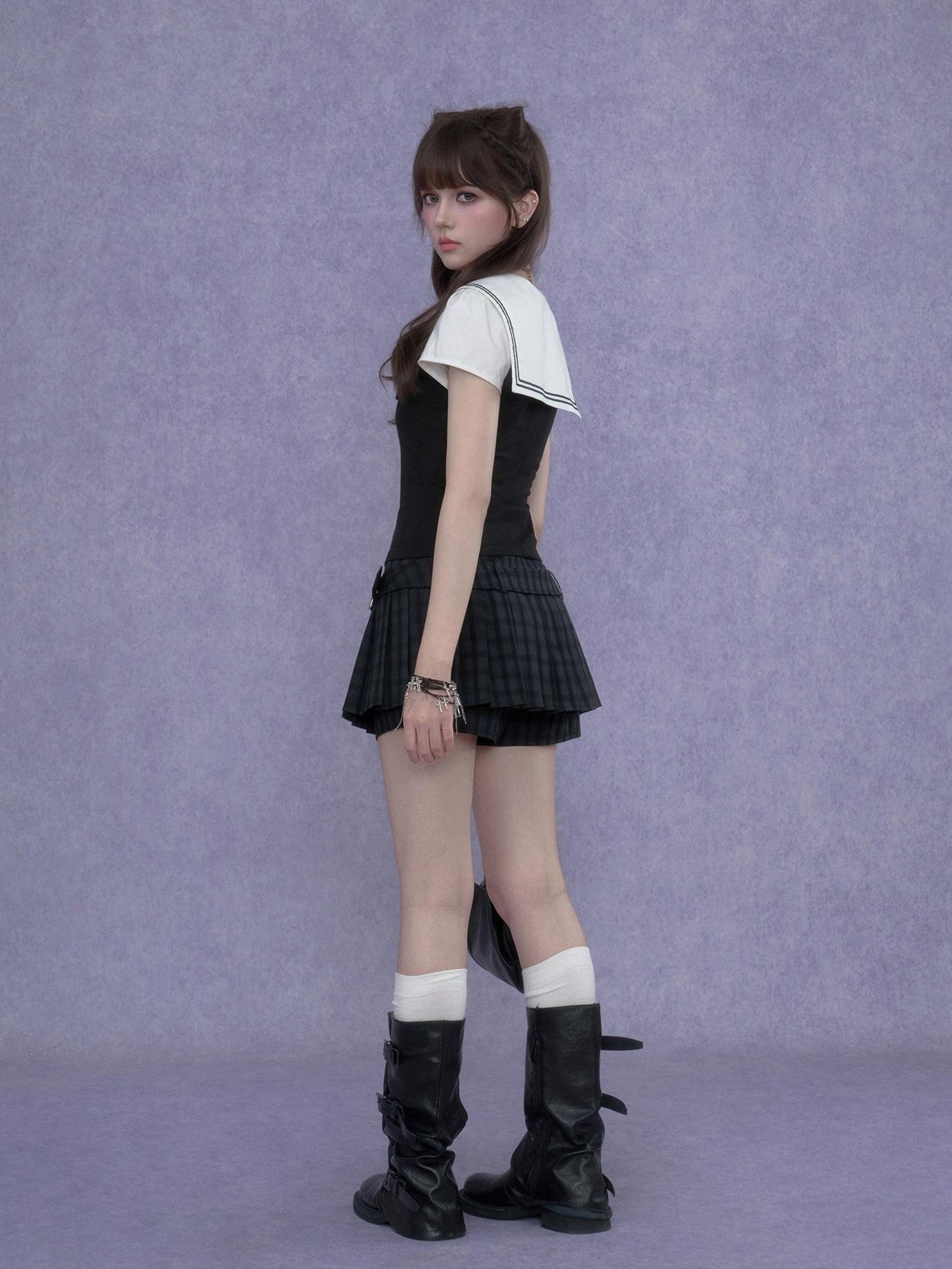 SagiDolls Black White Sailor Collar Embroidered Women's Cotton Short Sleeve T-shirts