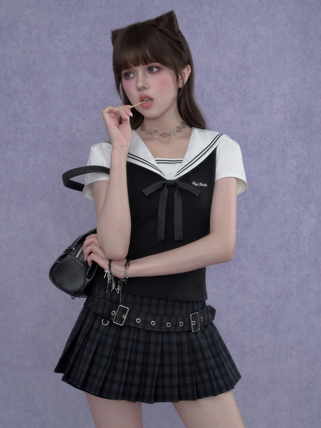SagiDolls Black White Sailor Collar Embroidered Women's Cotton Short Sleeve T-shirts