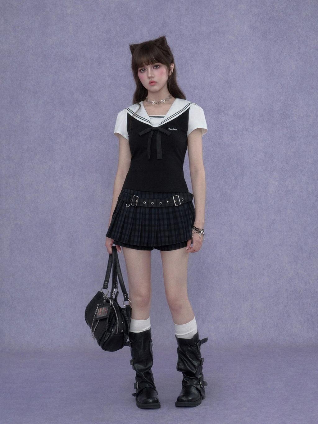 SagiDolls Black White Sailor Collar Embroidered Women's Cotton Short Sleeve T-shirts