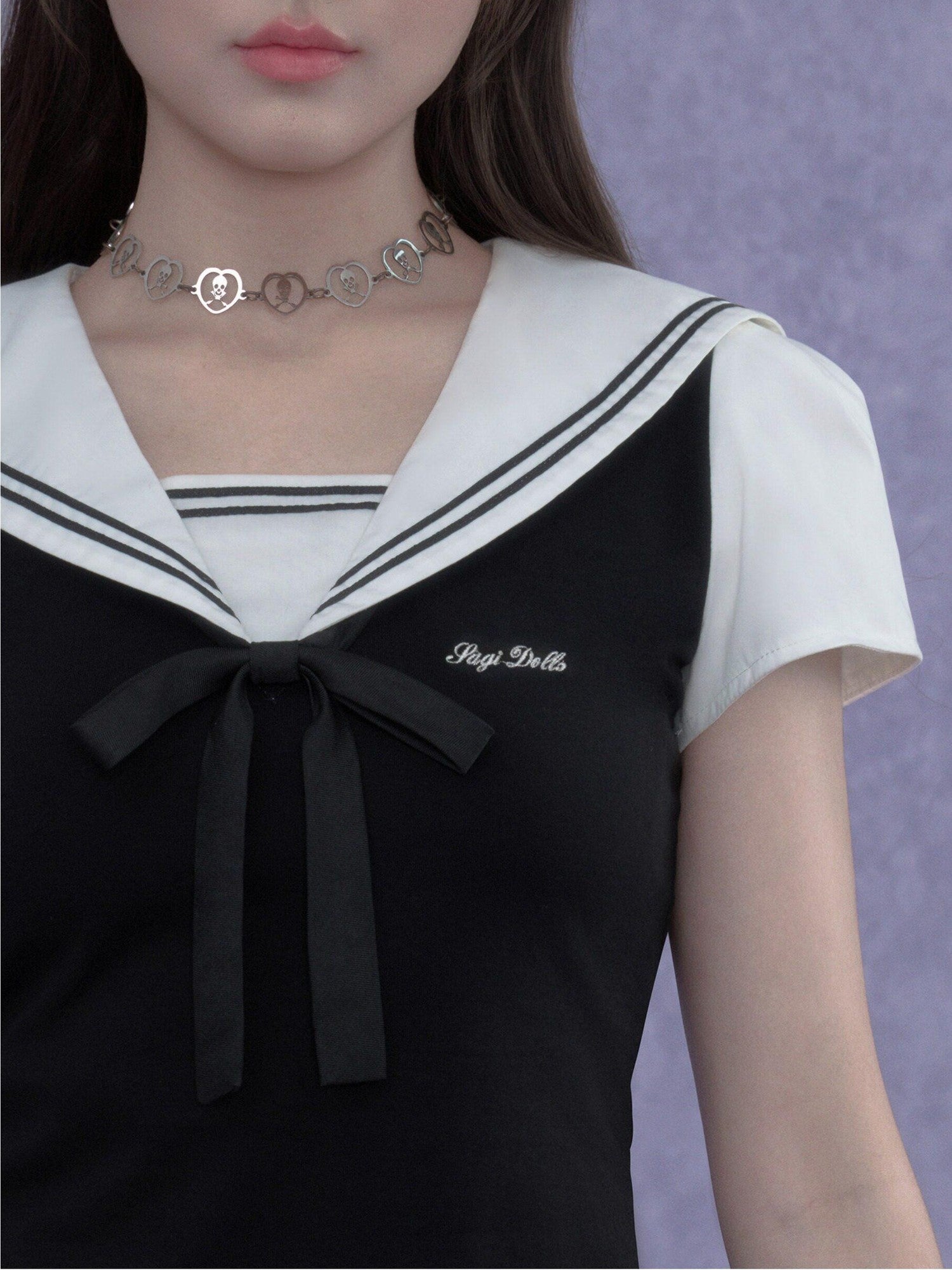 SagiDolls Black White Sailor Collar Embroidered Women's Cotton Short Sleeve T-shirts