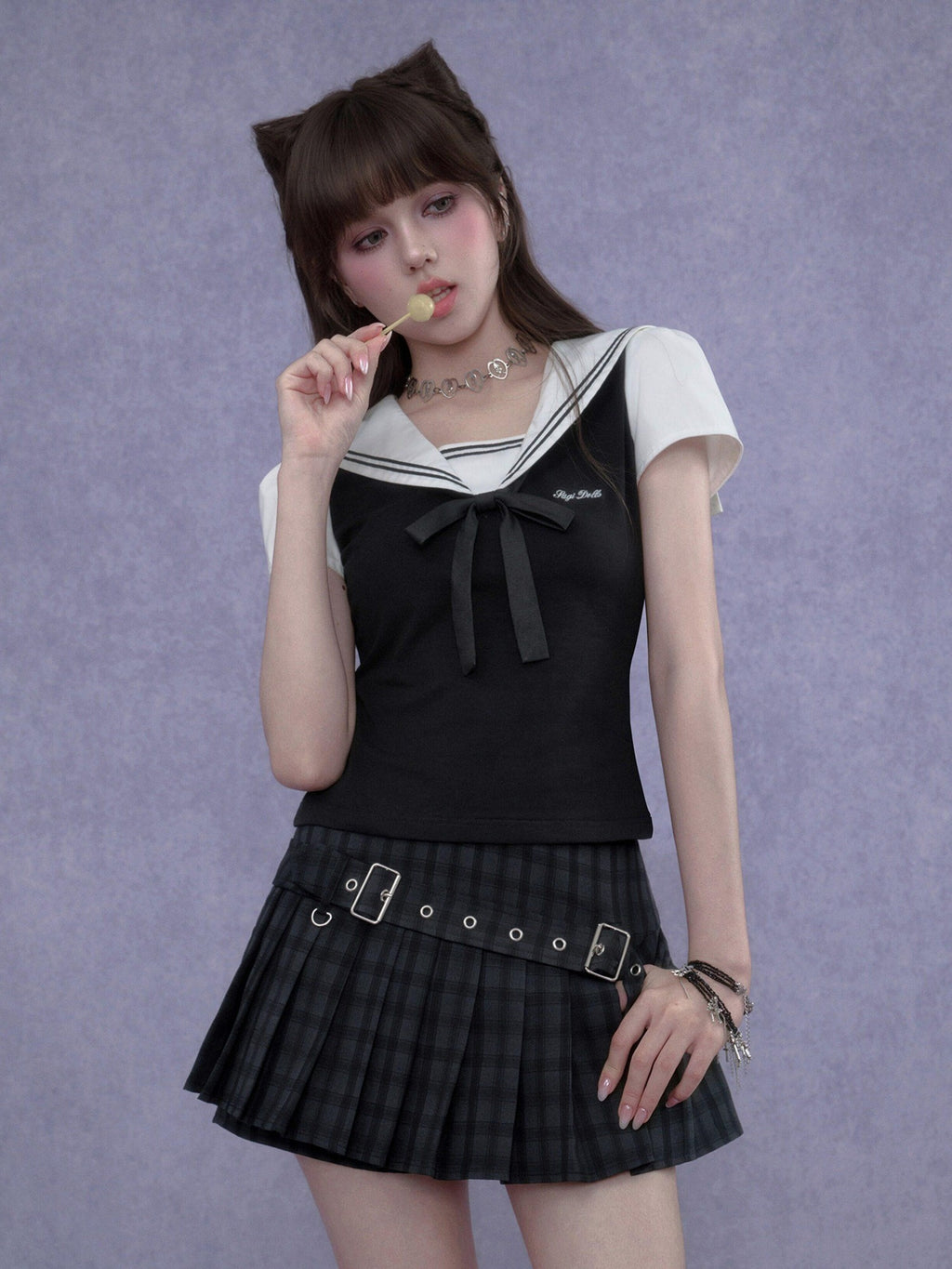 SagiDolls Black White Sailor Collar Embroidered Women's Cotton Short Sleeve T-shirts