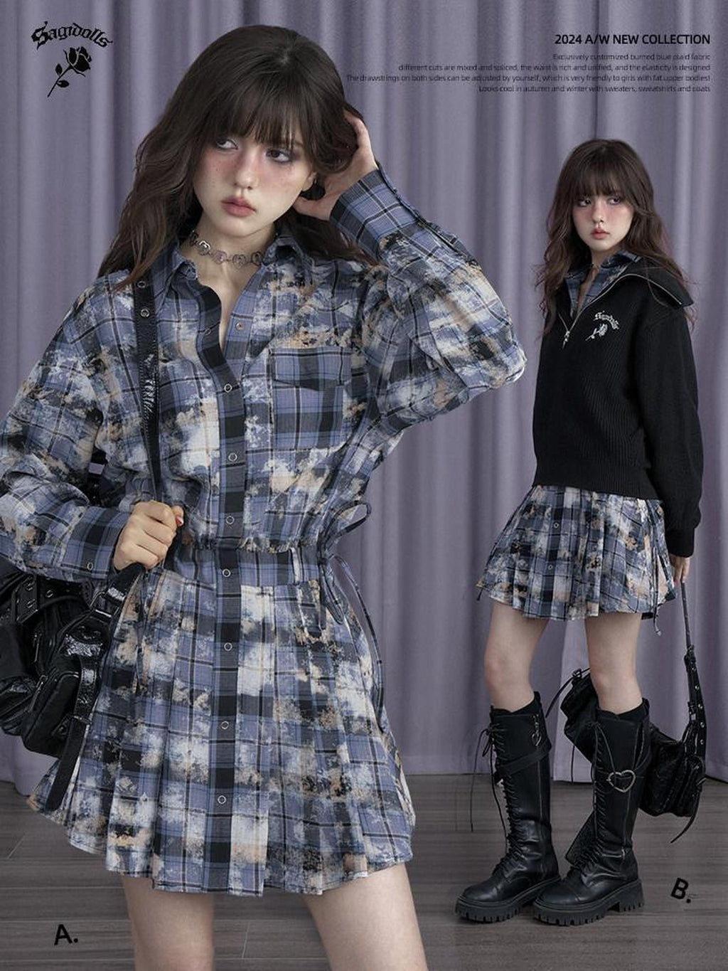 SagiDolls Blue Distressed Printed Patchwork Shirt Women's Cotton Casual Mini Dresses