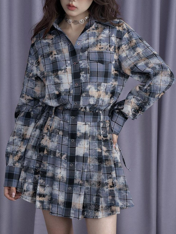 SagiDolls Blue Distressed Printed Patchwork Shirt Women's Cotton Casual Mini Dresses