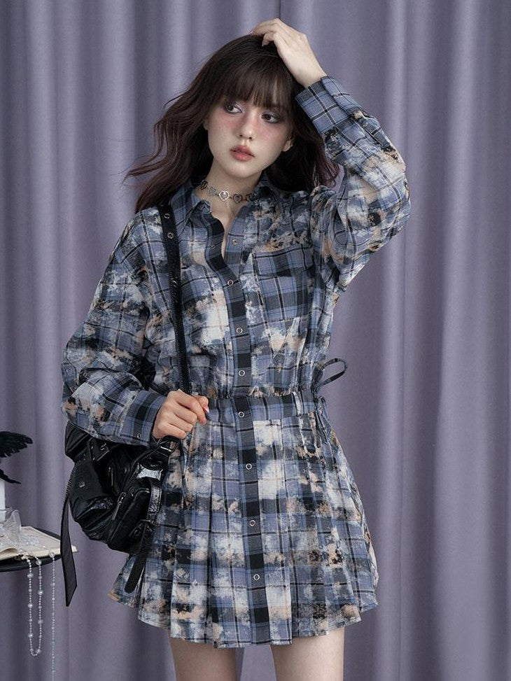 SagiDolls Blue Distressed Printed Patchwork Shirt Women's Cotton Casual Mini Dresses