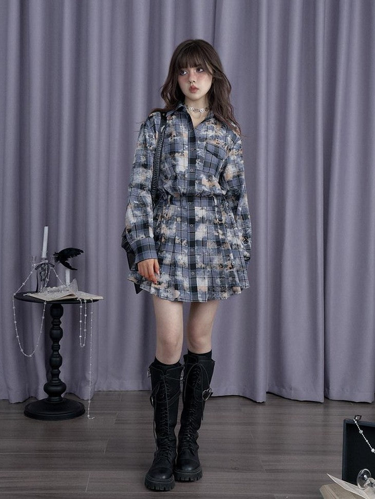 SagiDolls Blue Distressed Printed Patchwork Shirt Women's Cotton Casual Mini Dresses