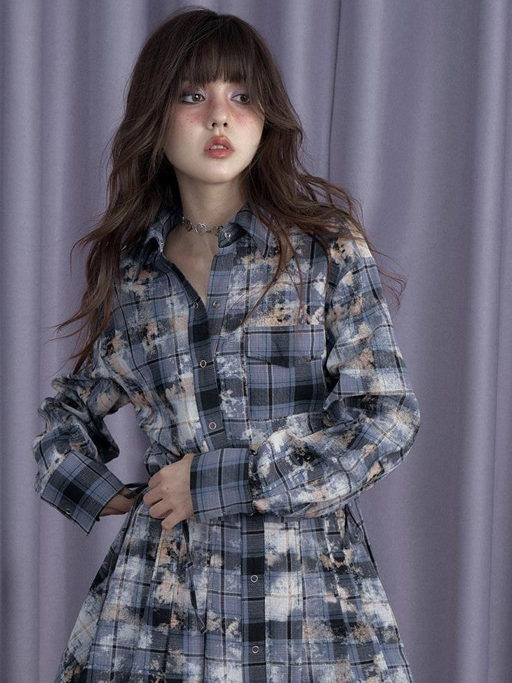 SagiDolls Blue Distressed Printed Patchwork Shirt Women's Cotton Casual Mini Dresses