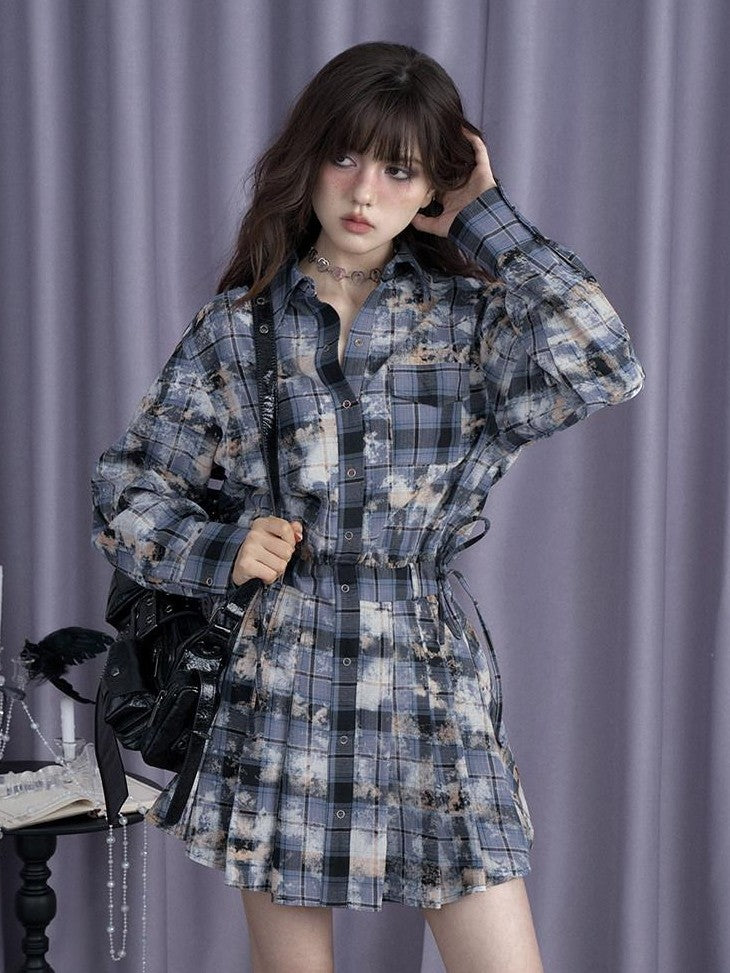 SagiDolls Blue Distressed Printed Patchwork Shirt Women's Cotton Casual Mini Dresses
