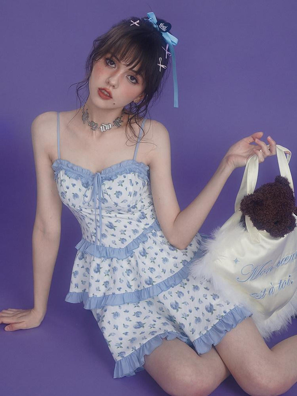 SagiDolls Blue Floral Ruffle Tiered Highwaist Women's Slip Mini Dresses