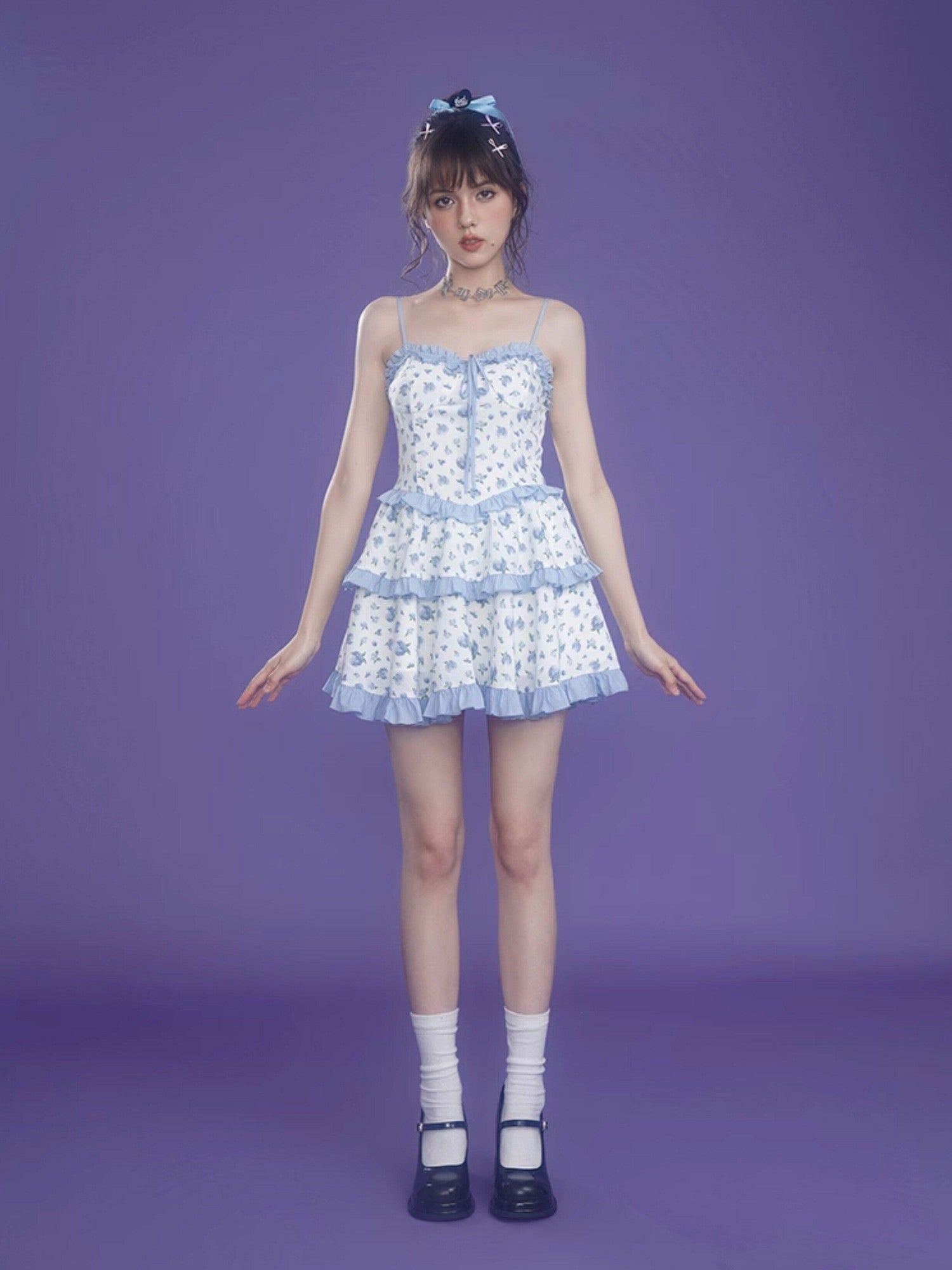 SagiDolls Blue Floral Ruffle Tiered Highwaist Women's Slip Mini Dresses