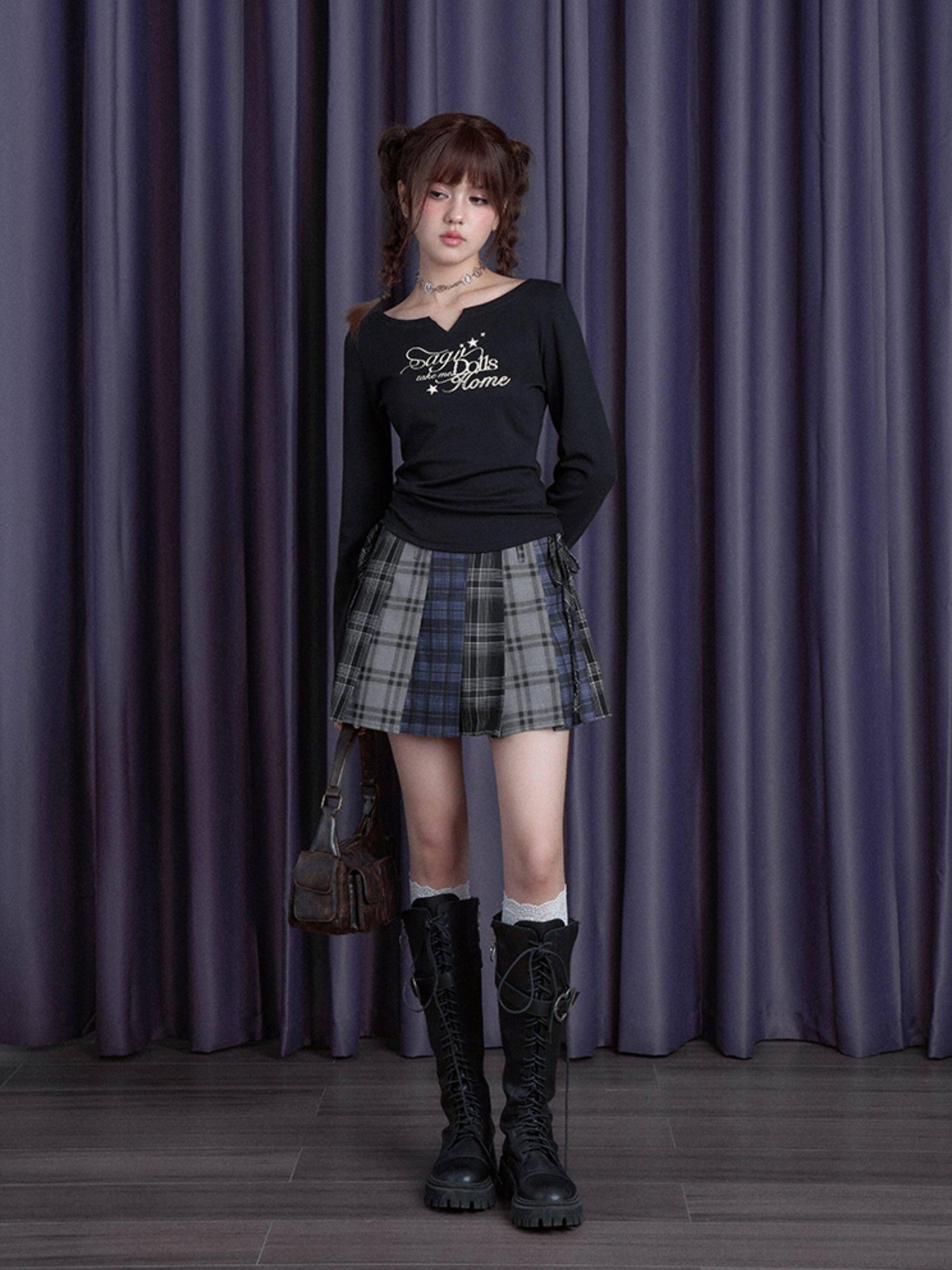 SagiDolls Blue Gray Black Plaid Patchwork High Waist Women's Poly Viscose Pleated Skirts