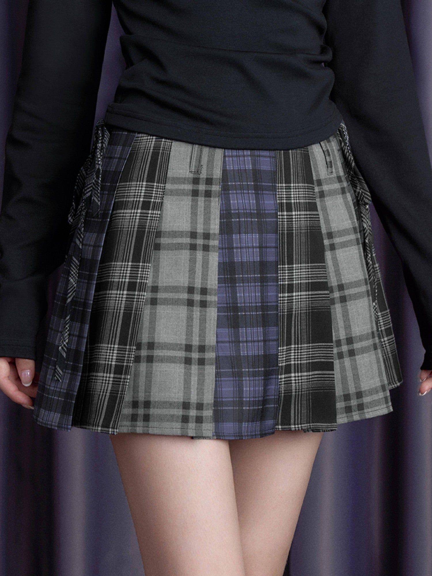 SagiDolls Blue Gray Black Plaid Patchwork High Waist Women's Poly Viscose Pleated Skirts