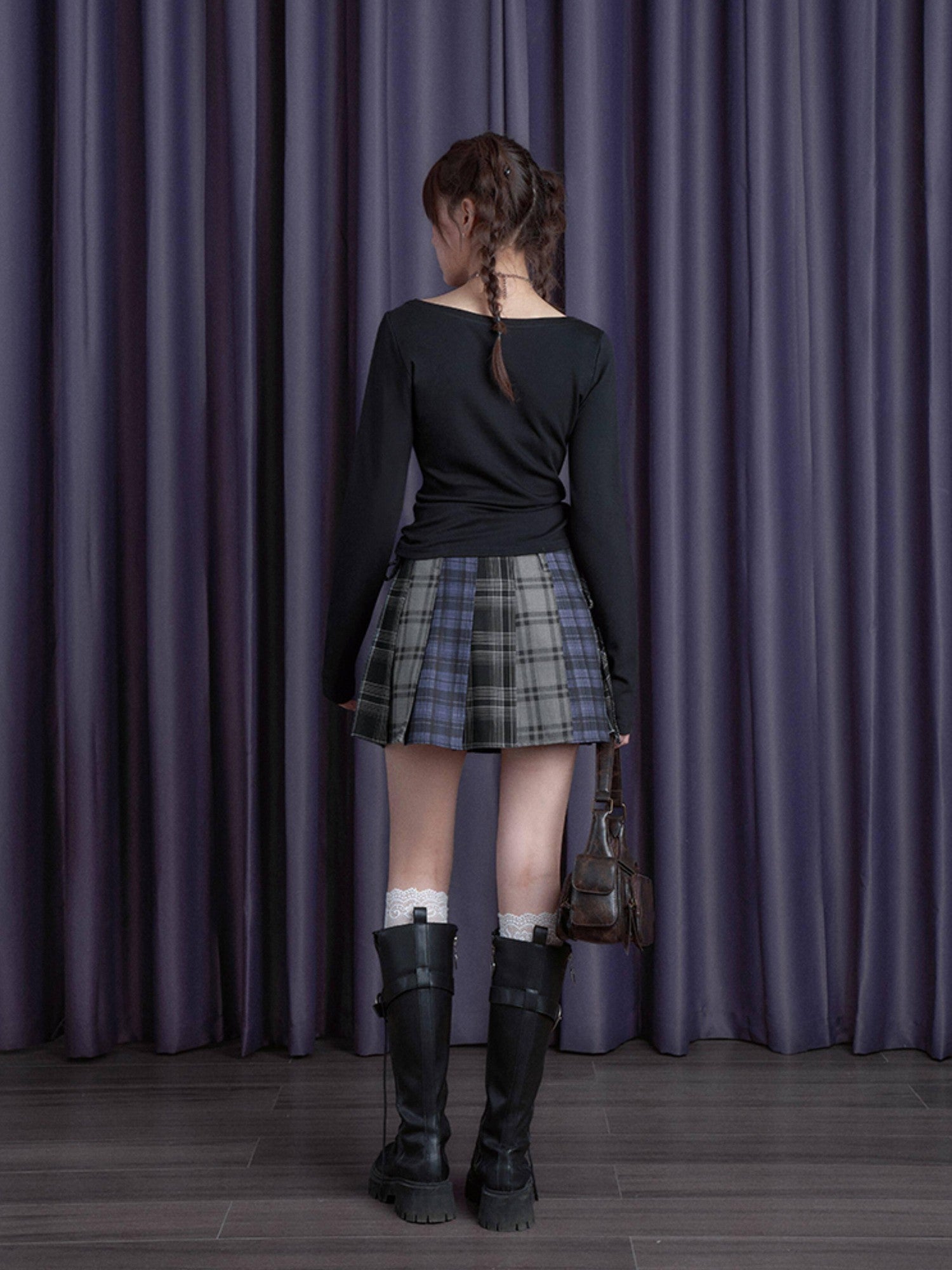 SagiDolls Blue Gray Black Plaid Patchwork High Waist Women's Poly Viscose Pleated Skirts
