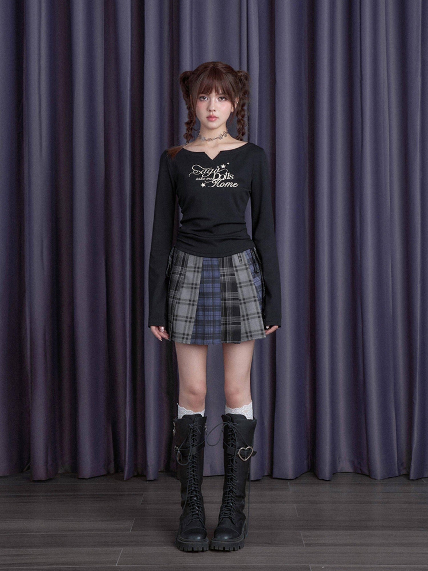 SagiDolls Blue Gray Black Plaid Patchwork High Waist Women's Poly Viscose Pleated Skirts