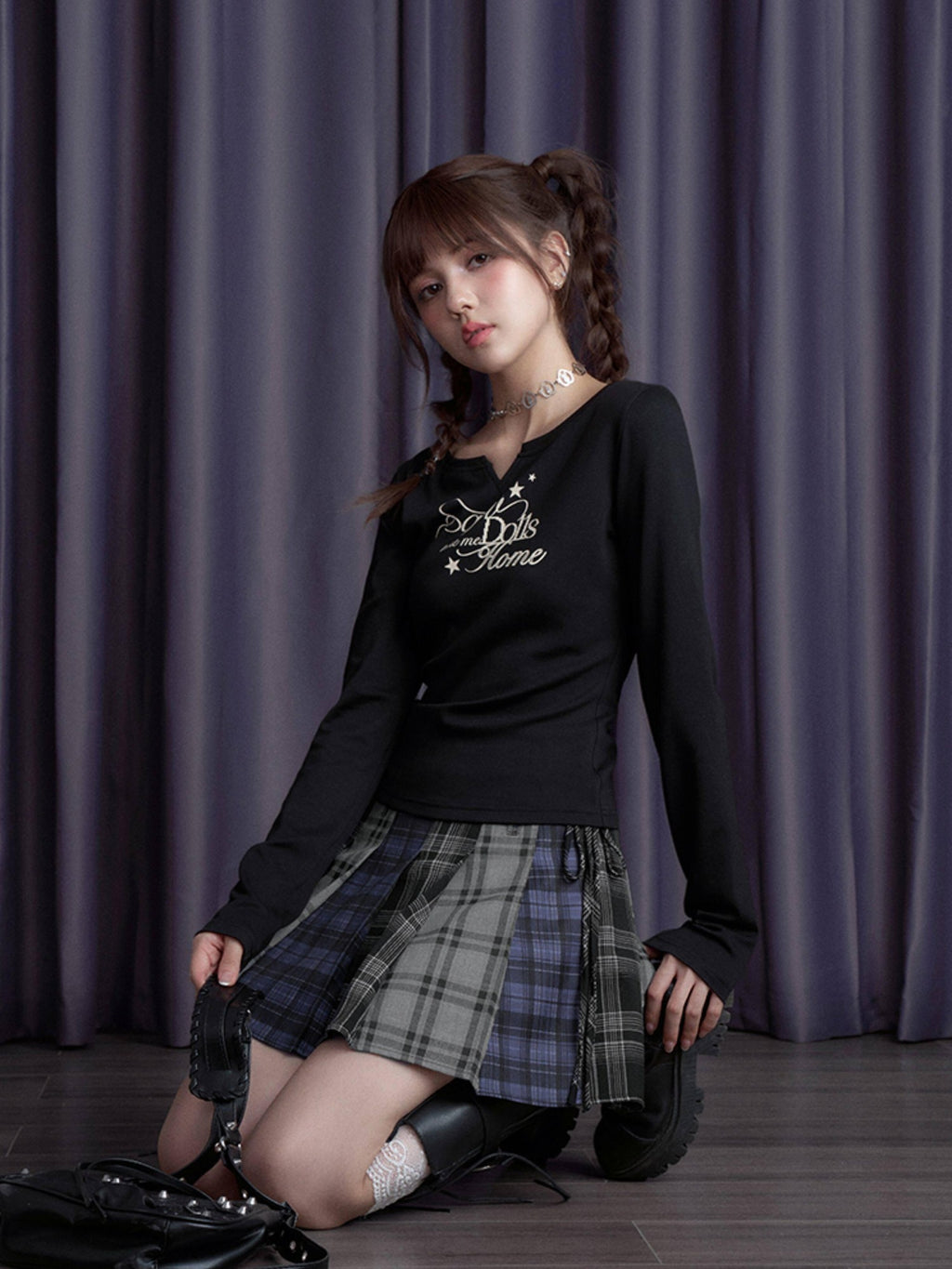 SagiDolls Blue Gray Black Plaid Patchwork High Waist Women's Poly Viscose Pleated Skirts