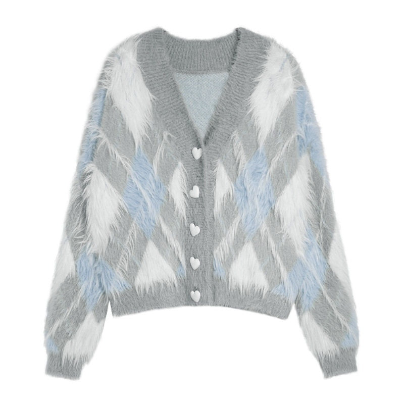 SagiDolls_Blue_Gray_Diamond_Check_Slouchy_Two_Piece_Women's_Nylon_Cardigans_751811492450_MISSTT