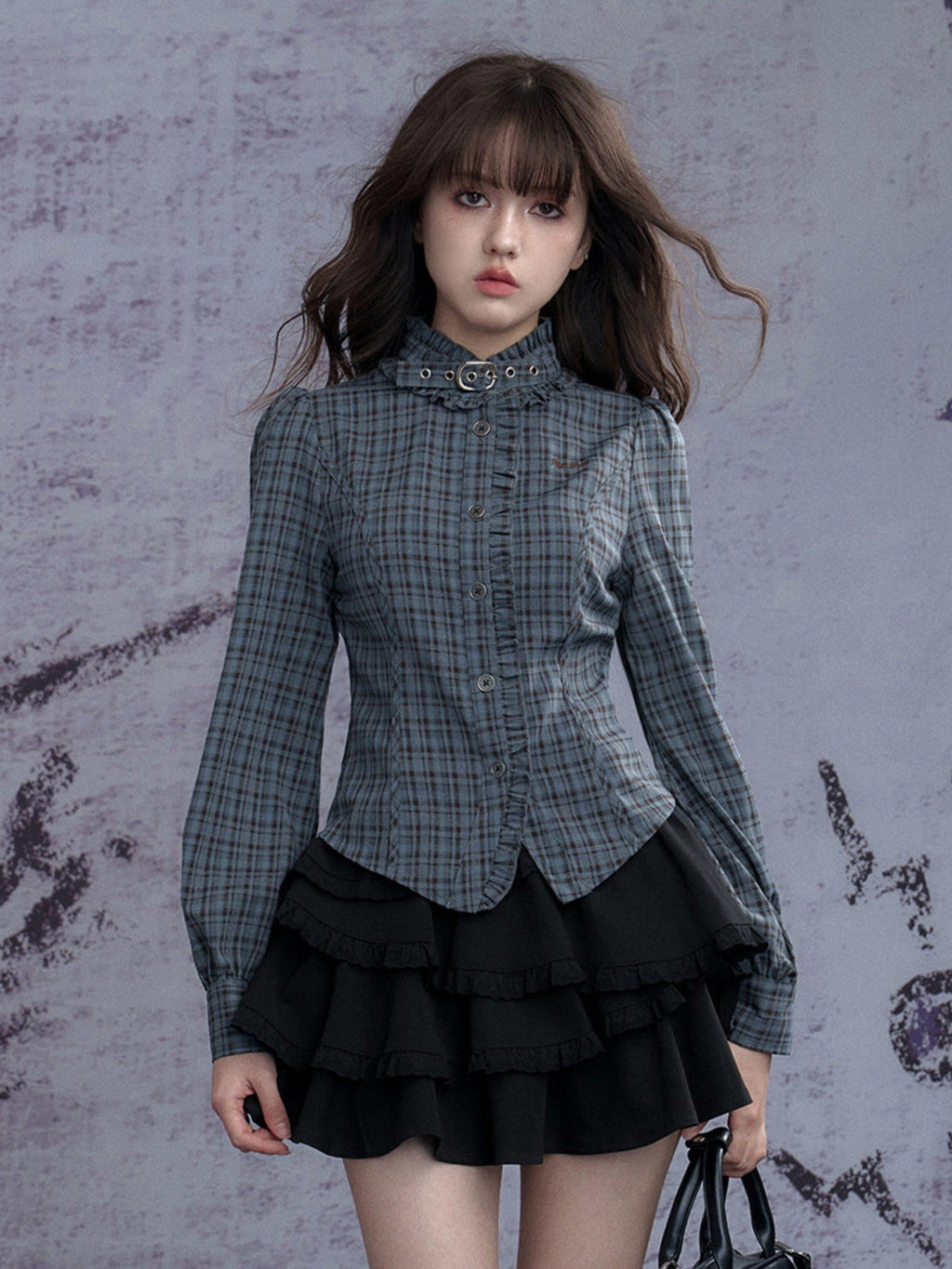 SagiDolls Blue Green Plaid Embroidered Stand Collar Tie Women's Polyester Blend Shirts