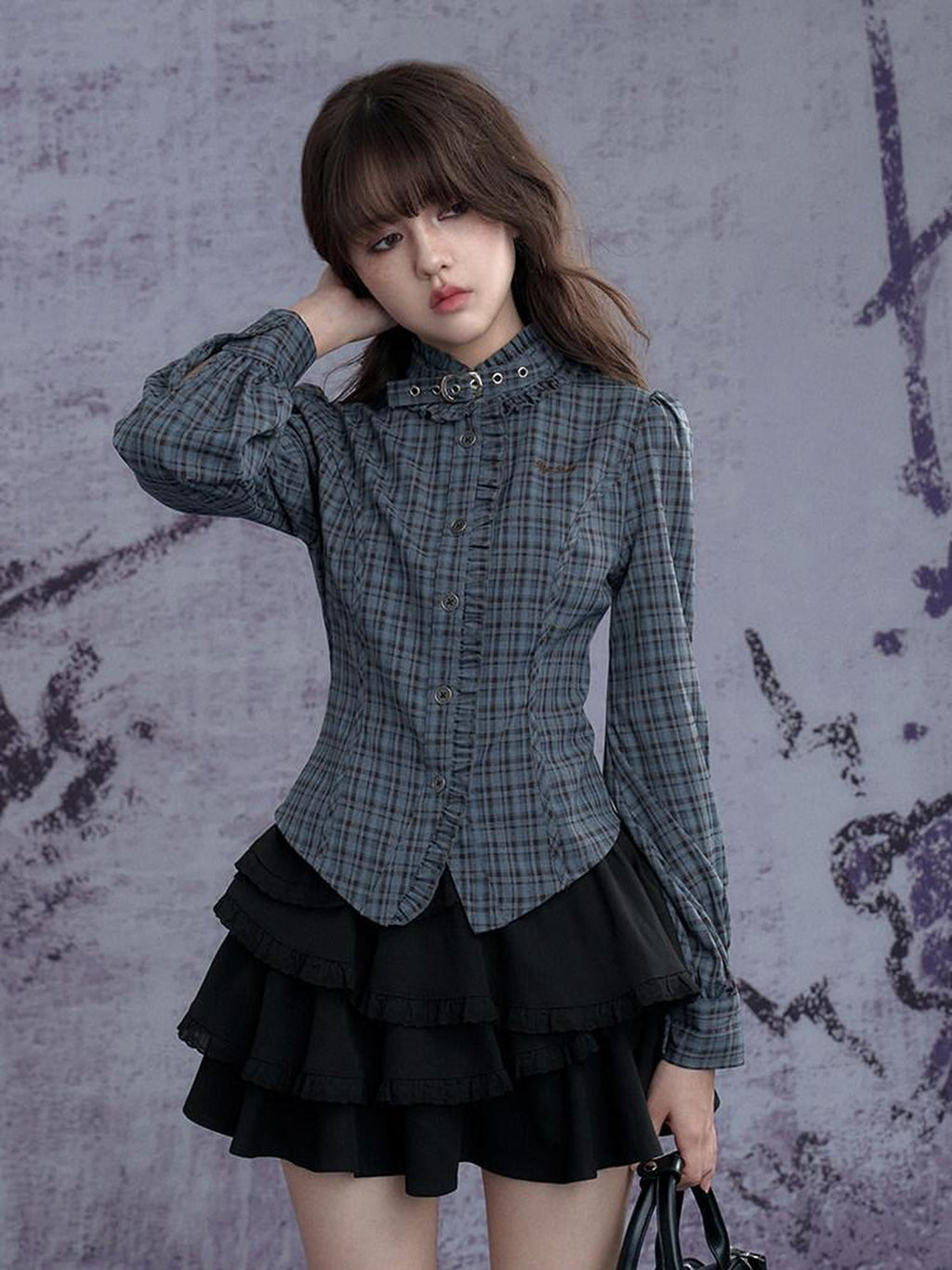 SagiDolls Blue Green Plaid Embroidered Stand Collar Tie Women's Polyester Blend Shirts