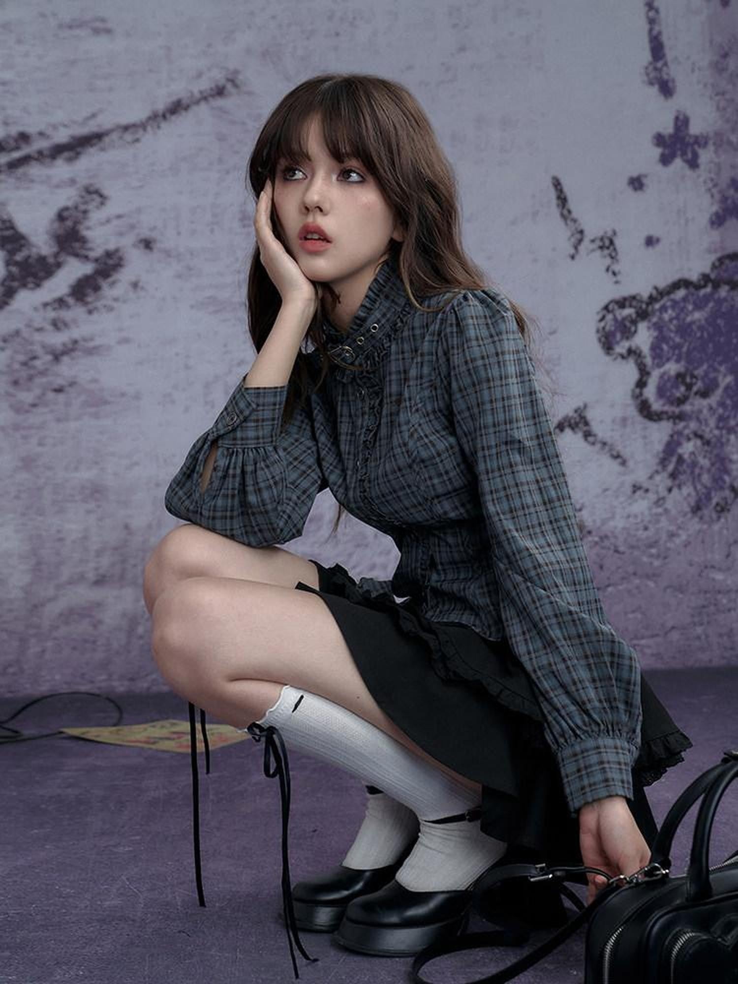 SagiDolls Blue Green Plaid Embroidered Stand Collar Tie Women's Polyester Blend Shirts