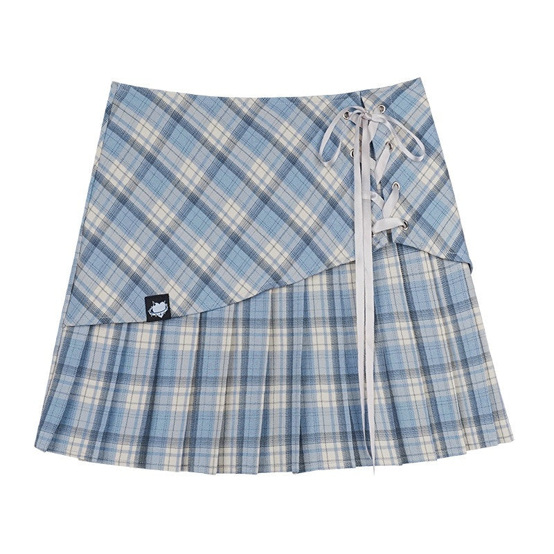 SagiDolls_Blue_Plaid_Asymmetric_Tie_High_Waist_A_Line_Women's_Polyester_Pleated_Skirts_800905449821_MISSTT
