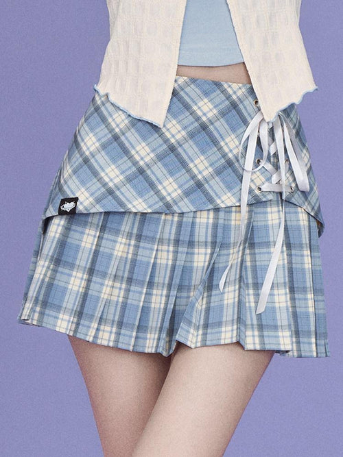 SagiDolls Blue Plaid Asymmetric Tie High Waist A Line Women's Polyester Pleated Skirts