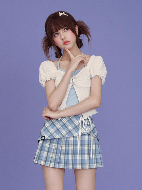 SagiDolls Blue Plaid Asymmetric Tie High Waist A Line Women's Polyester Pleated Skirts