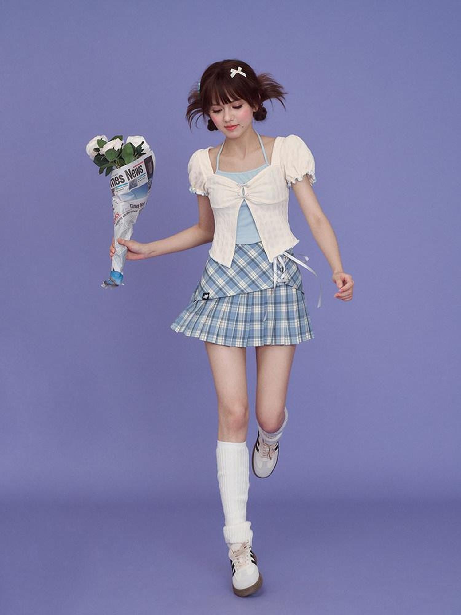 SagiDolls Blue Plaid Asymmetric Tie High Waist A Line Women's Polyester Pleated Skirts