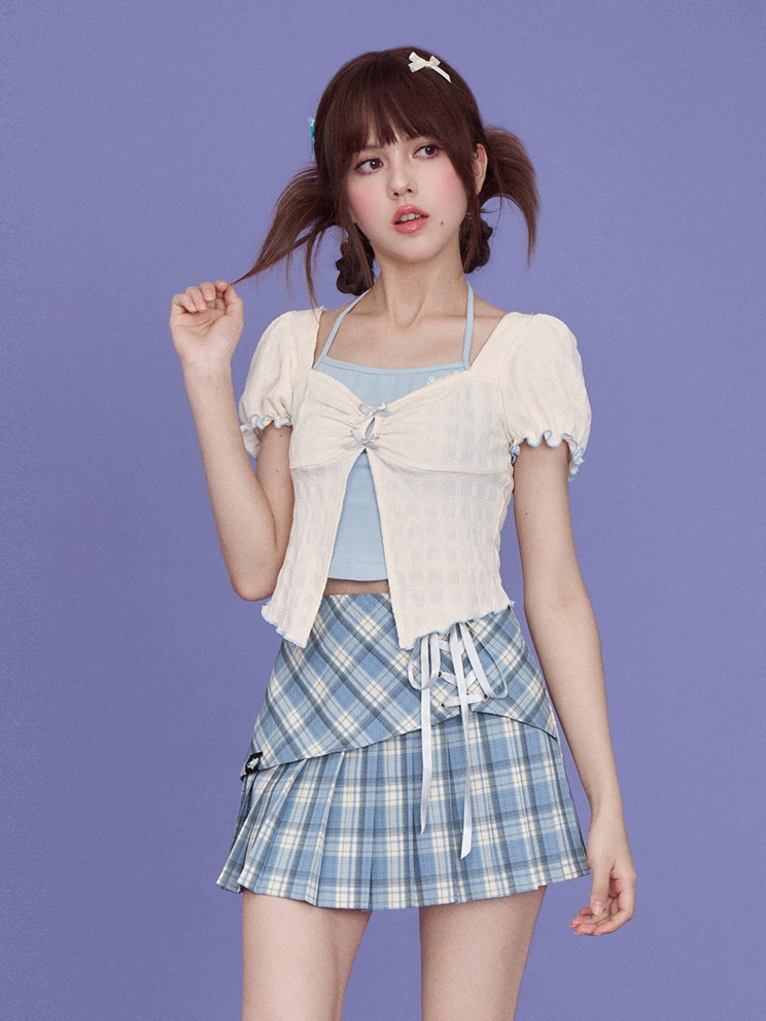 SagiDolls Blue Plaid Asymmetric Tie High Waist A Line Women's Polyester Pleated Skirts