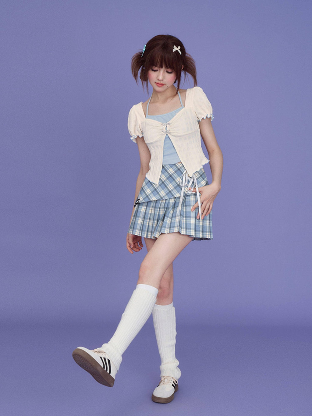 SagiDolls Blue Plaid Asymmetric Tie High Waist A Line Women's Polyester Pleated Skirts