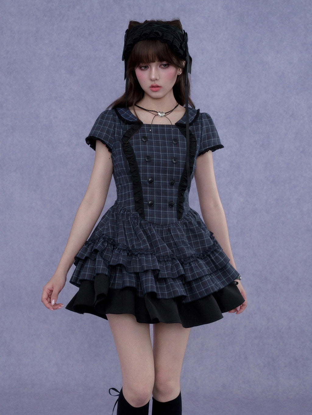 SagiDolls Blue Plaid Double Breasted Puff Sleeve Women's Polyester Corset Mini Dresses