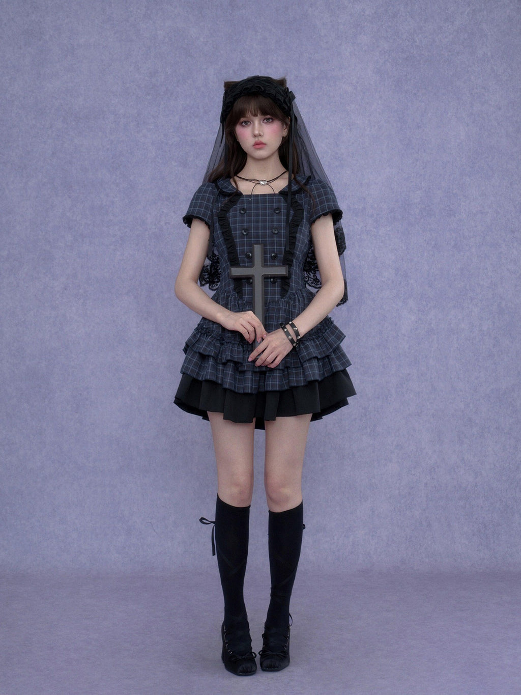 SagiDolls Blue Plaid Double Breasted Puff Sleeve Women's Polyester Corset Mini Dresses