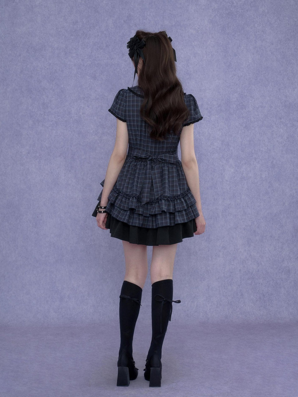 SagiDolls Blue Plaid Double Breasted Puff Sleeve Women's Polyester Corset Mini Dresses
