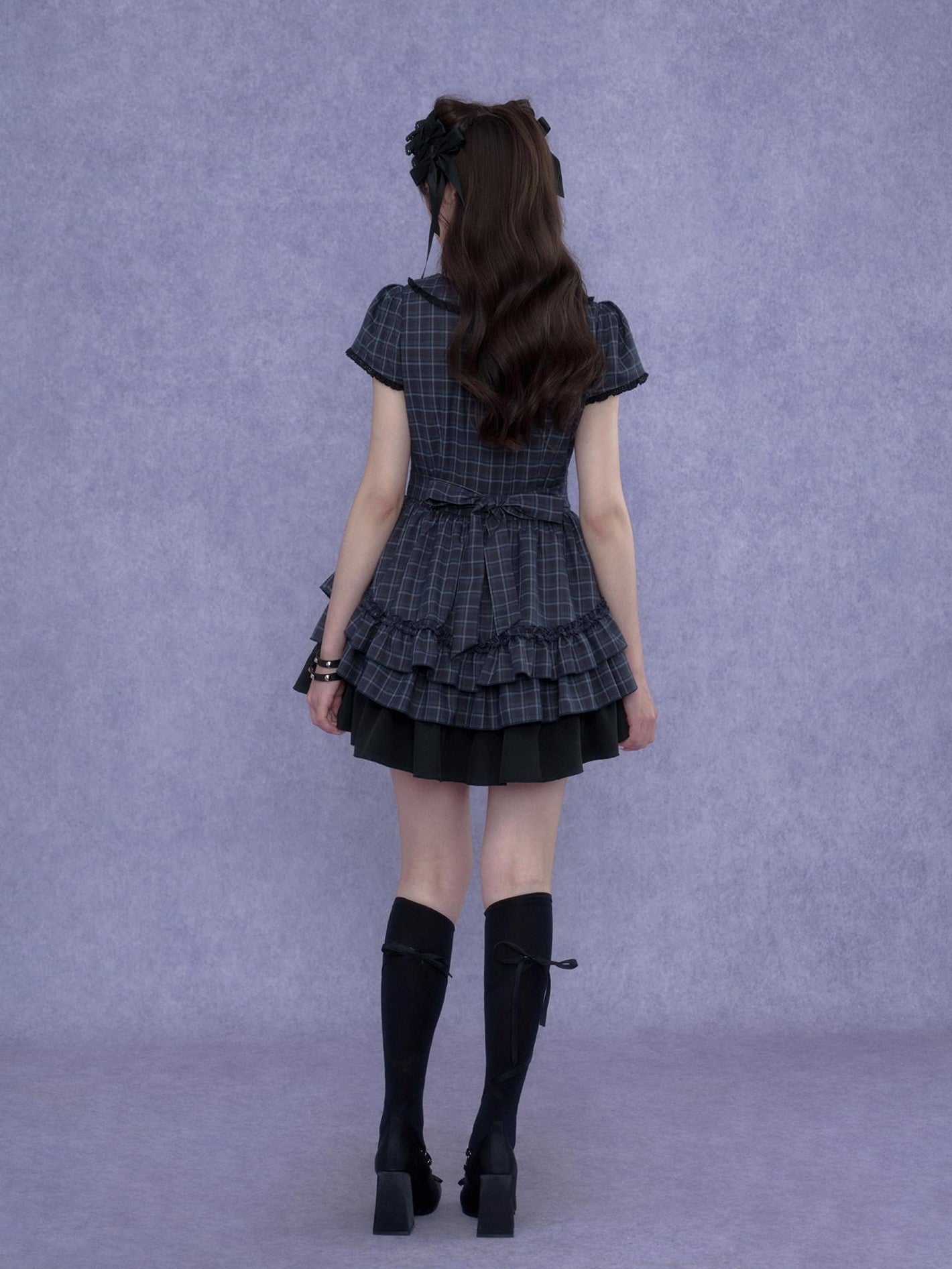 SagiDolls Blue Plaid Double Breasted Puff Sleeve Women's Polyester Corset Mini Dresses