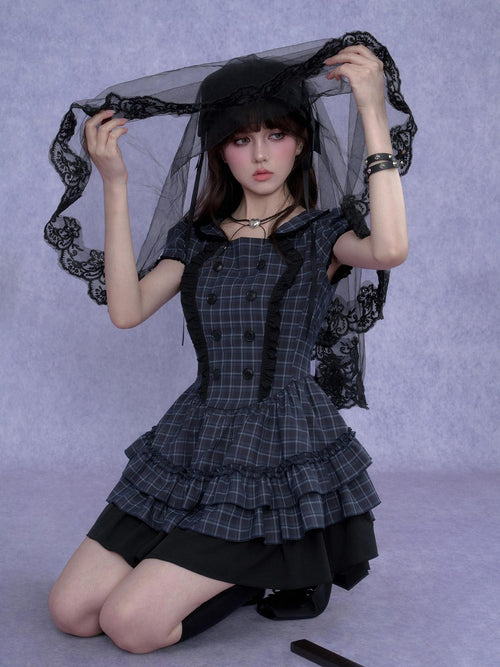 SagiDolls Blue Plaid Double Breasted Puff Sleeve Women's Polyester Corset Mini Dresses