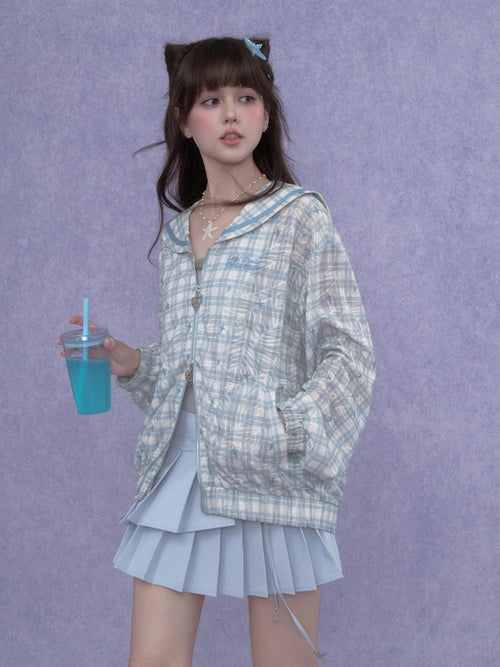 SagiDolls Blue Plaid Embroidered Sailor Collar Women's Polyester Overshirts