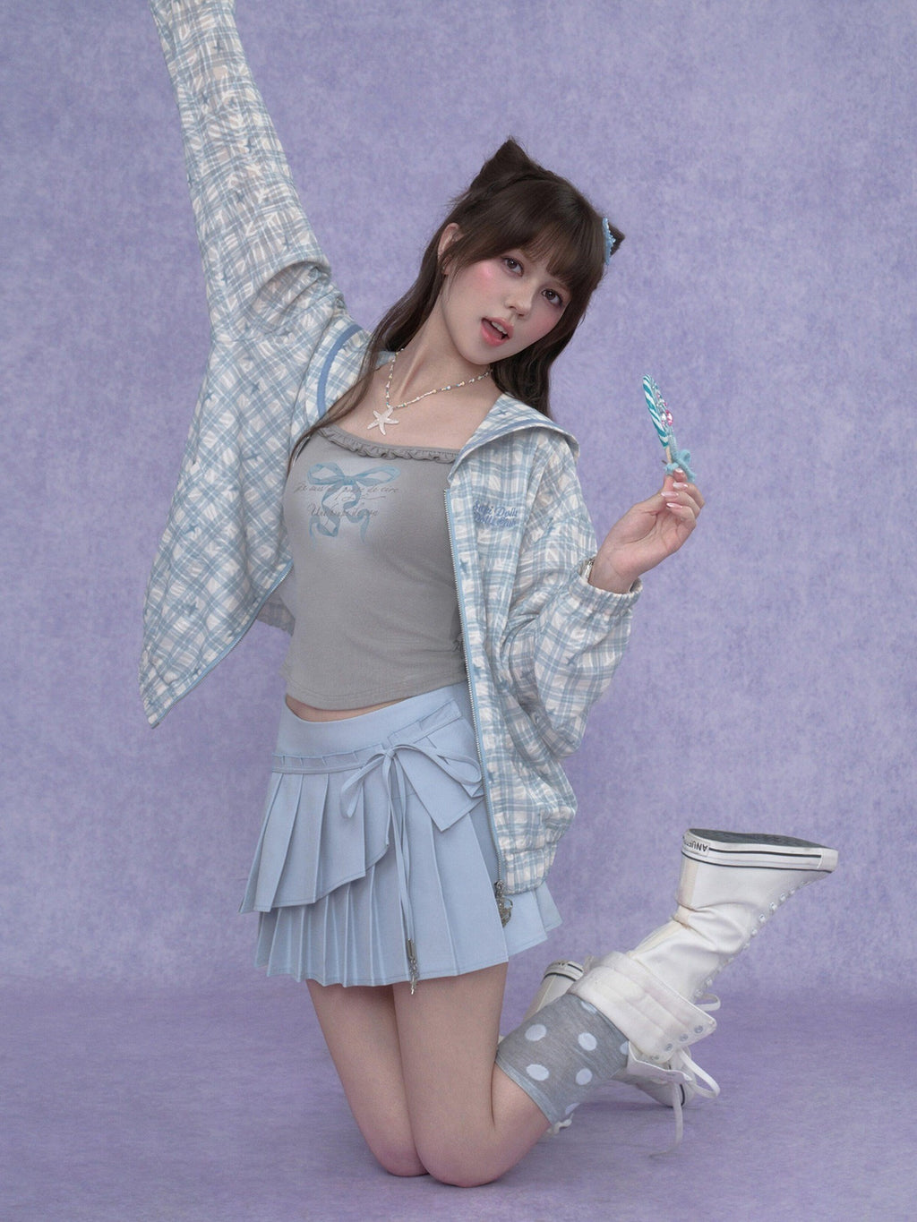 SagiDolls Blue Plaid Embroidered Sailor Collar Women's Polyester Overshirts